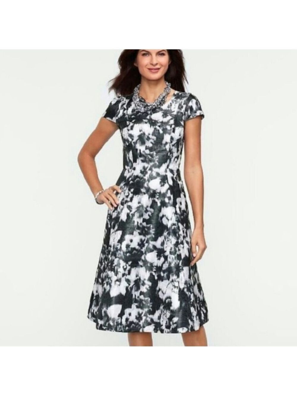 Talbots Black White Silver Fit and Flare Dress Size 8 NWT